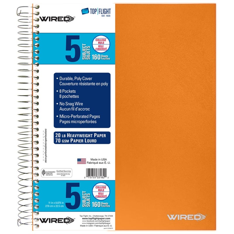 Top Flight Wired 5-Subject Wirebound Notebook with 8 Pockets, 160 Sheets, College Rule, 11 x 8.875 Inches, 1 Notebook, Cover May Vary (33182) - Image 1